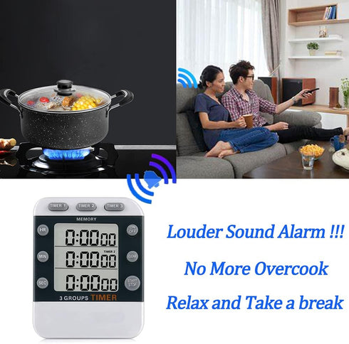 Digital Dual Kitchen Timer for Cooking, 3 Channels Count Down/up Triple Multi Timers for Food, Magnetic Memory-Preset Large-Display Adjustable Ala...