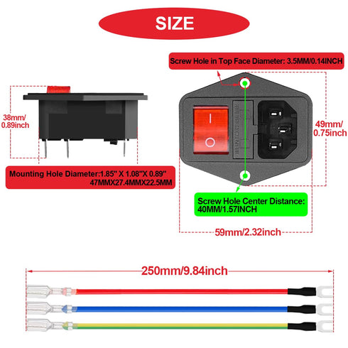 3Pcs AC 10A 15A 250V Rocker Switch Power Socket Inlet Module Plug, 3 Pin IEC320 C14 10A Male Power Switch with 6Pcs Mounting Screws,9Pcs 18 AWG Ex...