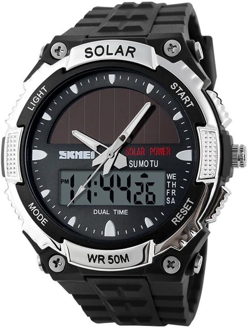 MASTOP solar energy watch led luminous indication 2 Time Zone 50m waterproof watch(Silver)...