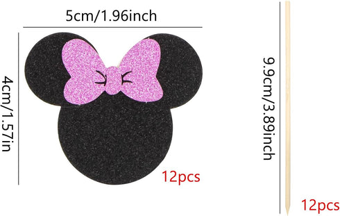 Mouse Cupcake Toppers Black and Pink Mouse Inspired Cupcake Toppers with Bow Glitter Mouse Cupcake Picks Baby Shower Wedding Kids Birthday Party C...