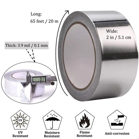 2PCS Premium Aluminum Foil Tape, Silver Metal Duct Tapes (2" x65Feet,3.9mil) with Adhesive Backing, High Temperature Heavy Duty Insulation Tape fo...
