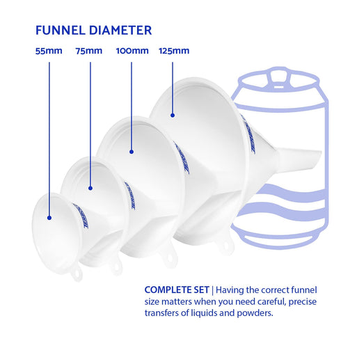 4pc Funnel Nesting Set in BPA Free Plastic for Kitchen Cooking, Car Oil, Home, or Lab Use (White)...