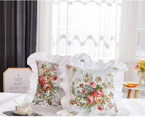 FADFAY Rose Floral Throw Pillow Covers 18x18 Set of 2 Flowers Pillow Cushion Cases Cotton Cushion Covers White Ruffle Decorative Throw Square Pill...