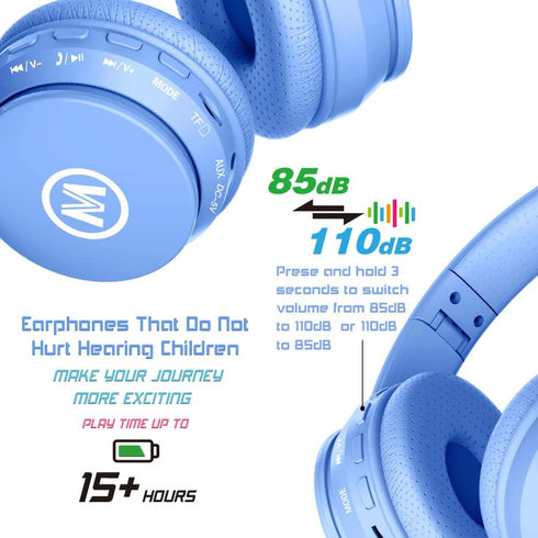 Headphones Bluetooth Wireless/Wired Kids Volume Limited 85 /110dB Over Ear Foldable Protection Headset with AUX 3.5mm Mic for Boys Girls School Pa...