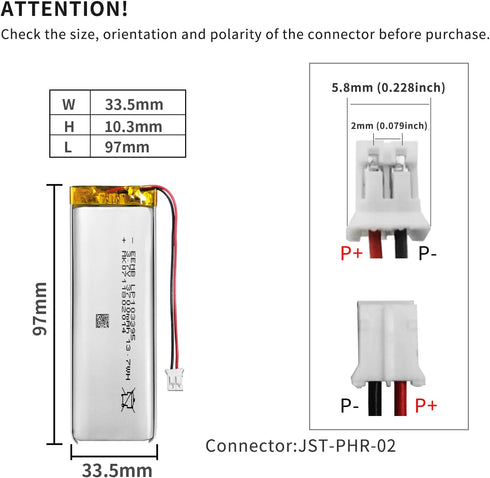 EEMB Lithium Polymer Battery 3.7V 3700mAh 103395 Lipo Rechargeable Battery Pack with Wire JST Connector for Speaker and Wireless Device- Confirm D...