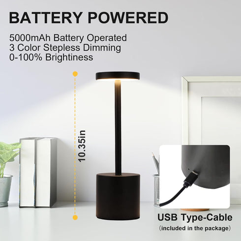 LED Cordless Table Lamp, Rechargeable Battery Operated Lamp, Stepless Dimmable USB Portable Powered Desk Lamp Night Light, for Office Bedroom Dorm...