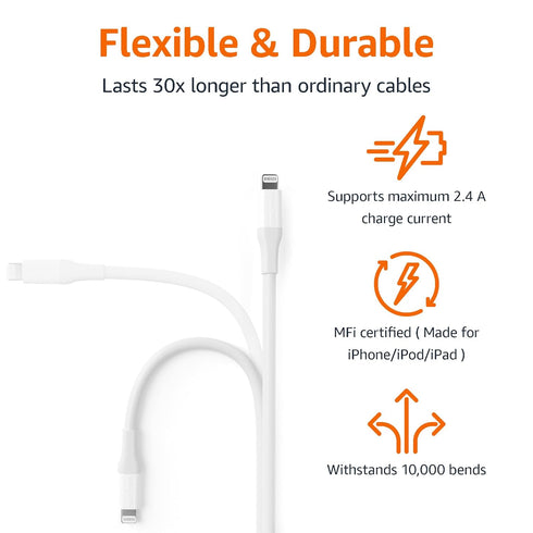 Amazon Basics - 1-Pack USB-A to Lightning ABS Charger Cable, MFi Certified for Apple iPhone 14 13 12 11 X Xs Pro, Pro Max, Plus, iPad, 10,000 Bend...