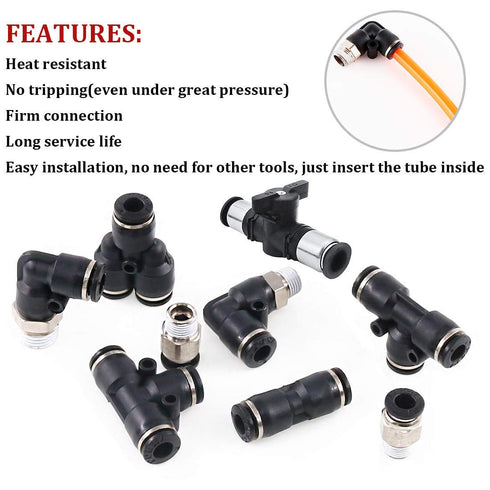 Beduan Pneumatic Push to Connect Fittings Kit Air Line Quick Fittings 2 PL+2 Elbow+2 Tee+2 Y Type+1 Union Ball Valve +2 Male Straight+2 Male Elbow...