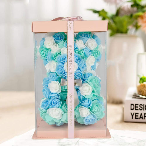 Hand Made Artificial Flowers Rose Bear Pure Color for Valentine Birthday and Mother's Day with a 10" Pink Gift Box (Grey Bow-Tricolor Flower)...