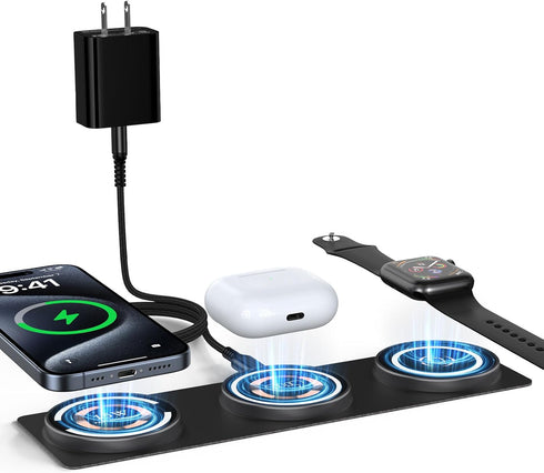 Magnetic Wireless Charger for iPhone,Foldable 3 in 1 Charging Station,Mag-Safe Travel Wireless Charger for iPhone 15 14 13 12 Pro/Pro Max/Plus,iWa...