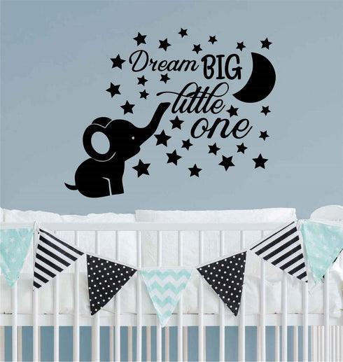 Dream Big Little One Lovely Elephant and Moon Stars Wall Decor Stickers for Kids Room Baby Girl Decals BA048 (Black)...