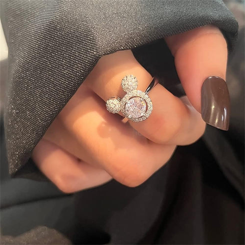 Halo CZ Mouse Statement Ring for Women Girls Silver Plated Cubic Zirconia Cute Mice Animal Promise Adjustable Expandable Finger Band Ring Comfort ...