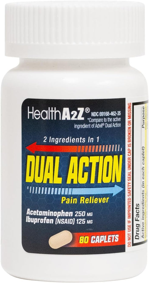 HealthA2Z® Dual Action Pain Relief | 80 Caplets | Acetaminophen 250mg & Ibuprofen (NSAID) 125mg | Contains Two Medicines | Relief from Headache, F...
