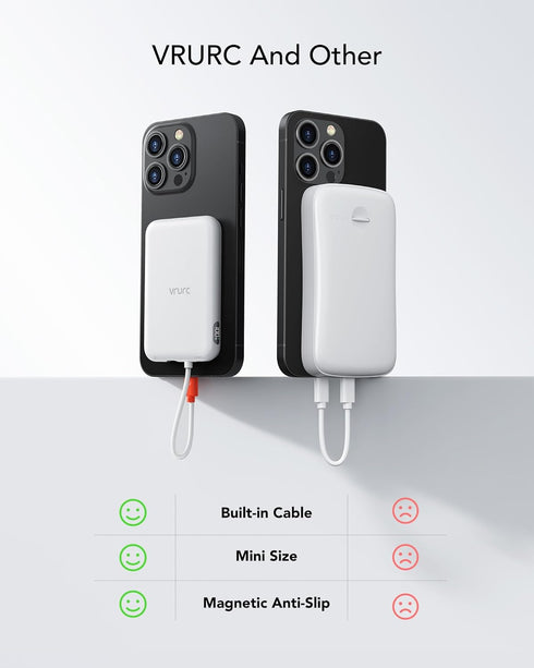 VRURC Mini Portable Charger with Built-in Cable USB C, 5000mAh Slim Power Bank LED Display, Anti-Slip Magnet Battery Pack with C Port for iPhone 1...