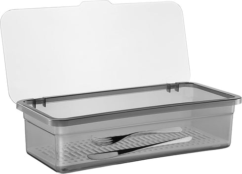 Flatware Tray Kitchen Drawer Organizer with Lid and Drainer- Plastic Kitchen Cutlery Tray and Utensil Storage Container with Cover- Dinnerware Hol...