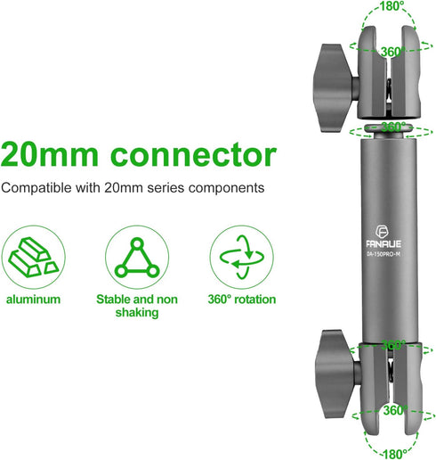 FANAUE Double Socket Arm 15cm Arm Compatible Mount 0.78" Ball Components, Aluminum Construction - Fits 20mm Attachment Ball and Dash Mount (DA-150...