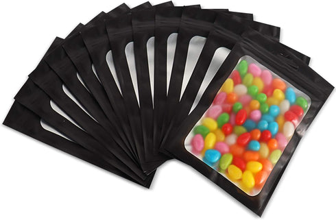 100Pcs Black Smell Proof Bags, Resealable Mylar Bags with Clear Window, Small Foil Packaging Pouch for Food Storage, Candy, Jewelry, Lip Gloss, Pa...