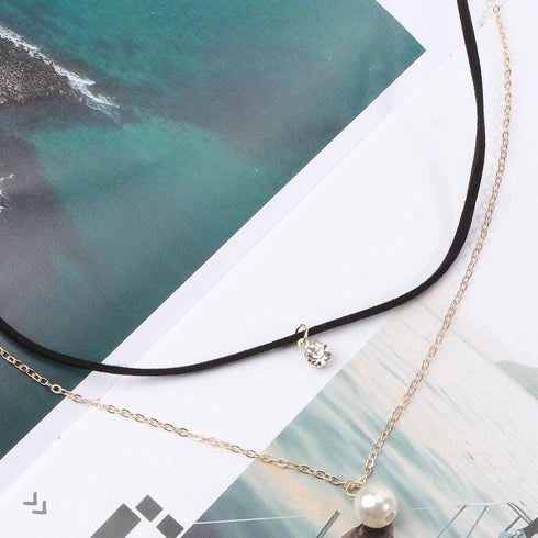 Layered Crystal Leather Choker Necklace Gold Pearl Pendant Necklace Boho Suede Collar Necklace Punk Black Chain Necklace Jewelry for Women...