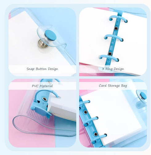 4 Pack Mini Transparent 3 Ring Binder Covers with Mini Binder Inner Paper and Pockets Clear Soft PVC Notebook Closure Loose Leaf Folder Round Ring...