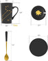 Leo Gifts for Women 15oz Ceramic Coffee Mug with Lid Spoon Coaster Astrology Mugs Upgrade Porcelain Tea Cup Leo Birthday Gifts (Black-Gold)...