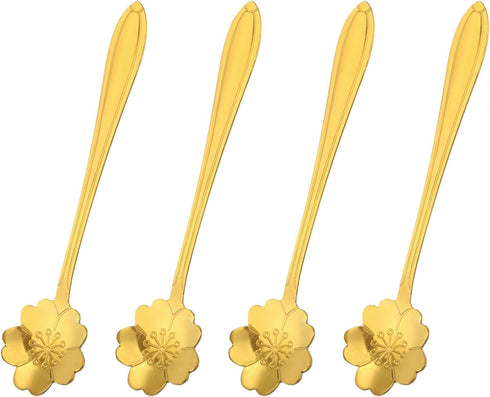uxcell 4Pcs Stainless Steel Flower Spoons 5 Inch Cherry Blossom Shape Coffee Spoon Small Teaspoon Dessert Spoon for Espresso Sugar Cake, Gold...