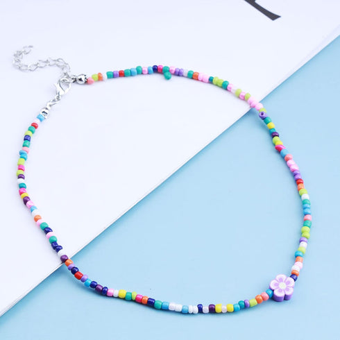 Boho Sean Bead Choker Necklace Rainbow Beaded Flower Clavicle Necklace Beach Colorful Rice Bead Necklace Chain Summer Rainbow Choker Necklace Chai...