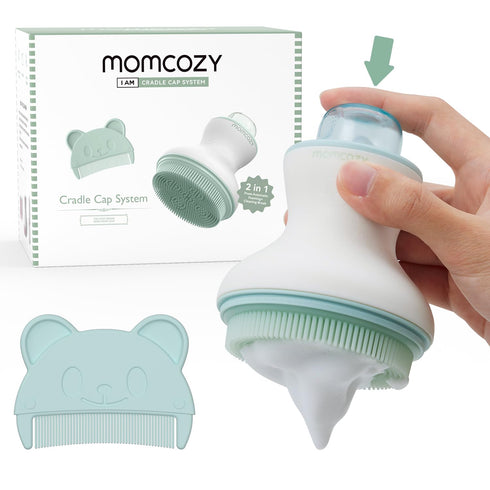 Momcozy? Innovative Cradle Cap Brush with Pump, 2-in-1 Baby Cradle Cap Brush with Bubbler, Newborn Cradle Cap System, Shampoo Brush Baby Bath Esse...
