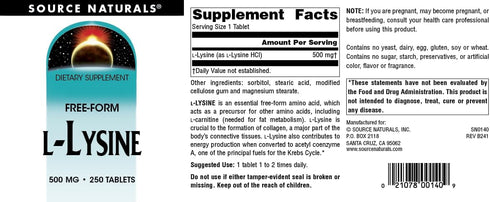 Source Naturals L-Lysine 500 mg Free Form - Amino Acid Supplement Supports Energy Formation & Collagen - 250 Tablets...
