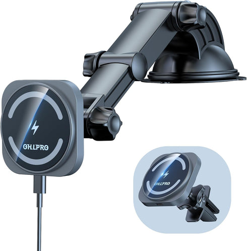 OHLPRO Magnetic Car Wireless Charger for MagSafe Car Mount iPhone 15/14/13/12 Series,Phone Holder Adjustable Telescoping Arm [Military-Grade Sucti...