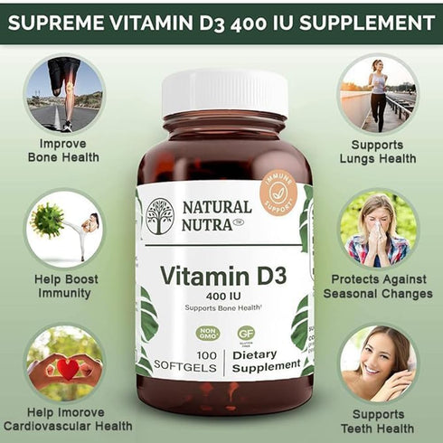 Natural Nutra Supreme Vitamin D3 400 IU Softgels, Immune Support, Sunshine Vitamin, Bone and Teeth Strength, Gluten-Free, 100 Softgels...