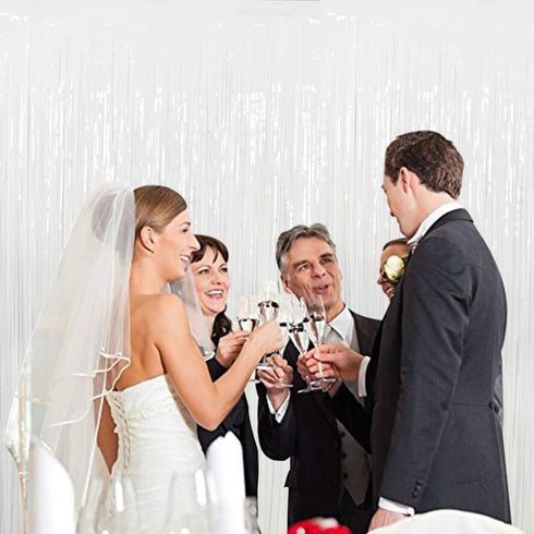 3Pcs White Metallic Tinsel Foil Fringe Curtains, 3.28ft x 6.56ft White Photo Booth Backdrop Streamer Curtain,Photo Booth Props, Bachelorette Party...