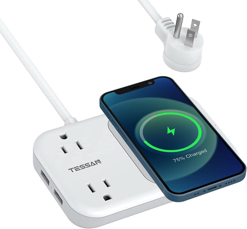 Small Power Strip 2 USB 1 Wireless Charger, TESSAN Mini Flat Plug Nightstand Desktop Charging Station with 2 Outlet 4 ft Extension Cord, Compatibl...