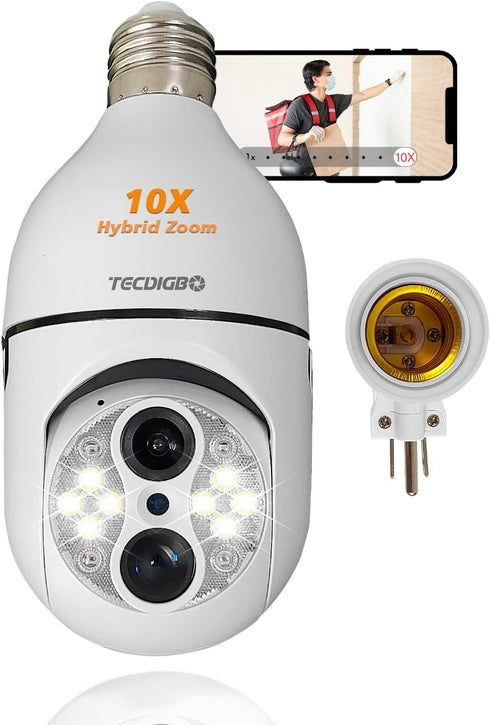 10X Hybrid Zoom Light Bulb Security Camera, 2MP Light Socket Security Camera Outdoor Indoor, Wireless WiFi Home Security Cameras, Full Color Night...