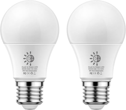 Dusk to Dawn Light Bulbs Outdoor, A19 LED Sensor Light Bulb, 9W(60W Equivalent), Automatic On/Off Photocell, Daylight White 5000K Porch Light, E26...
