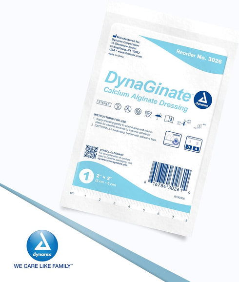 Dynarex DynaGinate Calcium Alginate Wound Dressing - Sterile, Non-Stick Topical Wound Pads - Absorbent Gel Patches for Moderate to High Exuding Cu...