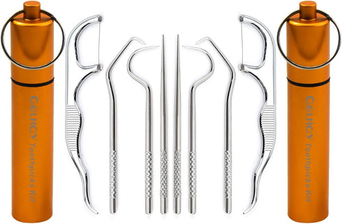 Toothpicks Pocket Set, Dental Floss Picks Kit Reusable, Stainless Steel Teeth Cleaning Tools, Flossers for Adults, Tooth Picker Oral Hygiene Trave...