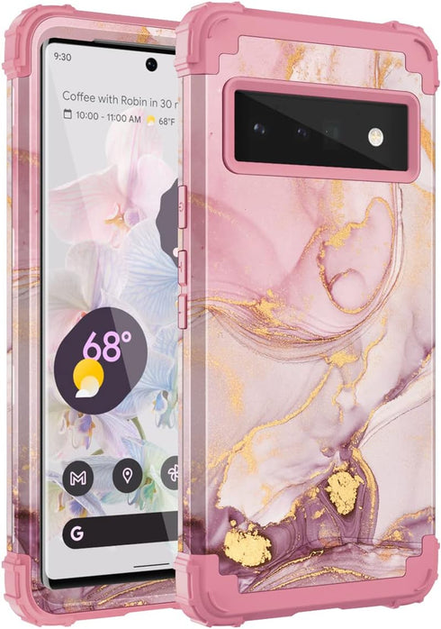 for Pixel 6 Pro Case,Google Pixel 6 Pro Case, Marble Rose Gold Women 3 in 1 Hard PC Soft Silicone Protective Rugged Bumper Heavy Duty Hybrid Shock...