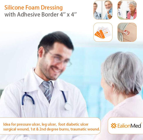 EalionMed Silicone Foam Dressing with Gentle Adhesive Border 4''x4'', 10 Pack, Painless Removal High Absorbency Bed Sore Wound Bandage for Pressur...