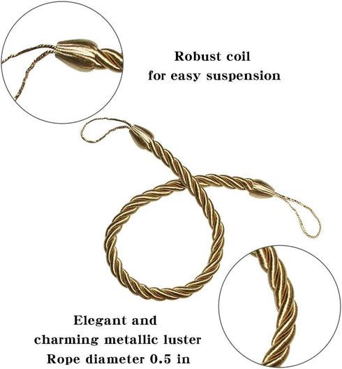 BEL AVENIR Curtain Ropes Tiebacks Tie-Backs, Curtain Handmade Holdbacks with 2 Metal Screw Hooks - Golden 2 Pack...