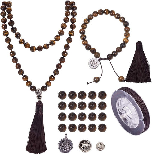 SUNNYCLUE 1 Set 108 Tiger Eye Gemstone Mala Beads/Buddha Beaded Necklace Jewelry Making Kit - DIY Make 1 Hand Knotted Prayer Tassel Pendant Neckla...