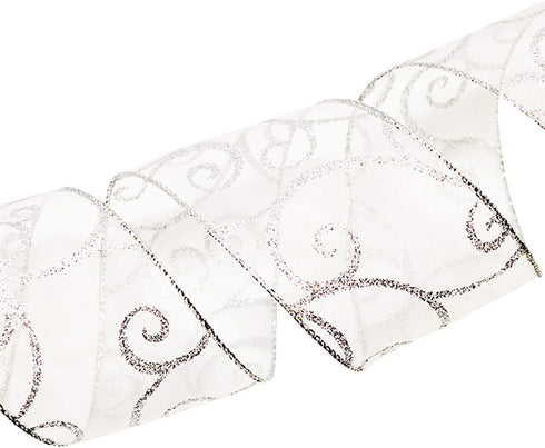 Morex Ribbon 7416.60/50-701 Swirl 2.5" X 50 YD Nylon Sheer Wired Glitter Ribbon, White/Silver, Holiday Ribbons for Crafts and Christmas Decoration...