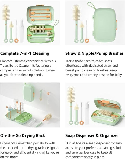 Travel Baby Bottle Cleaning Kit, 7in1 Extendable Silicone Travel Bottle Brush Set & Drying Rack, Nipple, Straw, & Breast Pump Portable cleaning, w...