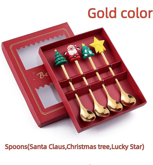 Christmas Coffee Spoons Coffee Stirrers Cake spoon Premium Stainless Steel Ice Tea Spoons, Ice Cream Spoon, Cocktail Stirring Spoons Set of 4?Gold...