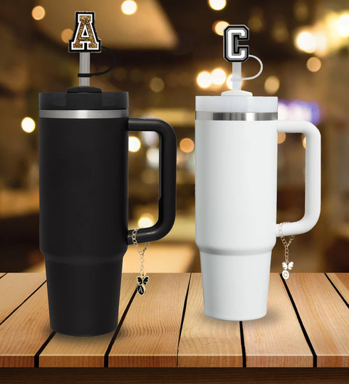 ?3 +3) Nuozme Straw Cover Compatible with Stanley Tumbler Cup 3PCS Letter Straw Caps Toppers with 3 Initial Butterfly Charms Name ID For Stanley 3...