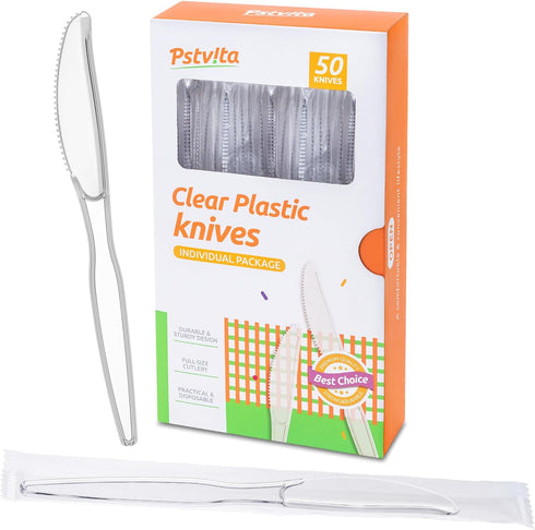 Disposable Plastic Knives Clear, Pack of 50 Individually Wrapped...