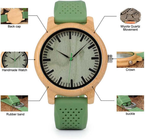 BOBO BIRD Mens Womens 44mm Big Neutral Bamboo Wooden Watch Unisex Japan Analog Quartz Green Silicone Strap Sports Casual Watches with Wood Box...