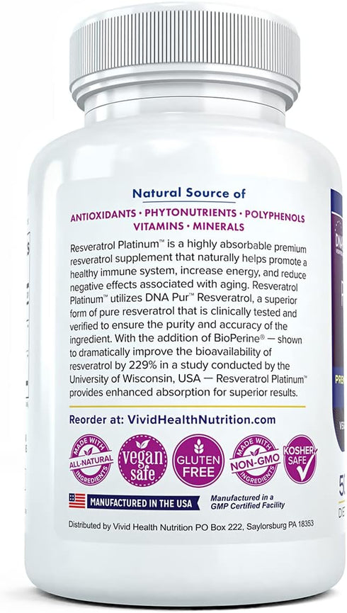 Resveratrol Platinum Antioxidants Supplement: Powerful Anti Aging Formula with Pure, Natural Trans Resveratrol for Immune Support, Vitality and Br...