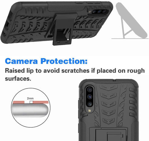 Phone Case for Samsung Galaxy A70 with Tempered Glass Screen Protector Cover and Stand Hard Rugged Hybrid Heavy Duty Protective Cell Accessories G...