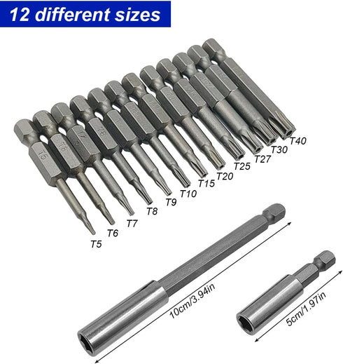 12 Pcs Torx Head Screwdriver Bit Set + 2 Sizes Magnetic Drill Bit Extension Holder, 1/4" Hex Shank S2 Security Tamper Proof Screw Driver Kit Tools...