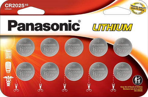 Panasonic CR2025 3.0 Volt Long Lasting Lithium Coin Cell Batteries in Child Resistant, Standards Based Packaging, 10 Count(Pack of 1)...